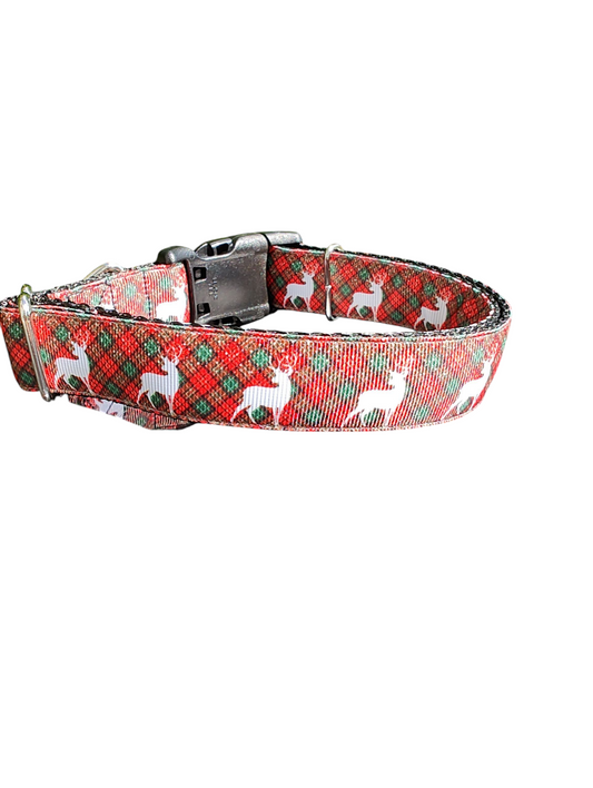 Collier pour chien en nylon à carreaux tartan et motif cerf