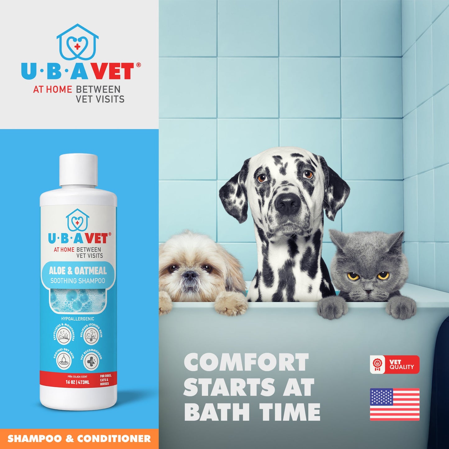 Shampoing UBAVET à l'aloe vera et à l'avoine pour chiens et chats – Nettoyant doux et hydratant pour peaux sensibles (500 ml)