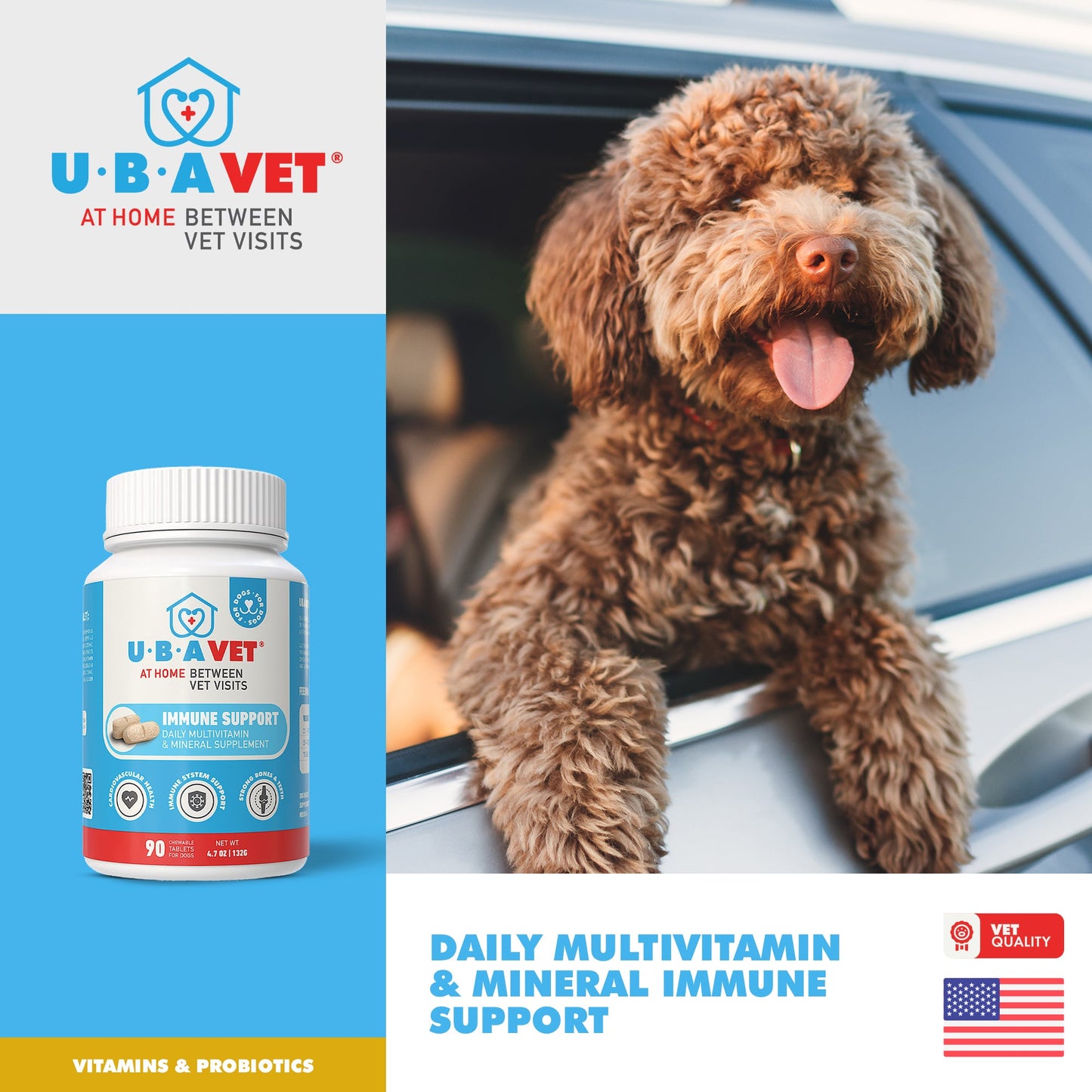 UBAVET Soutien immunitaire quotidien, comprimés multivitaminés et minéraux pour chiens – 90 comprimés