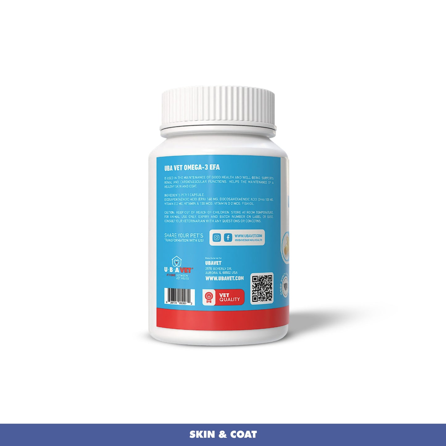 Capsules UBAVET Oméga-3 1000 mg – Soutien de la peau, du pelage et de la santé générale des chiens et des chats (120 capsules)