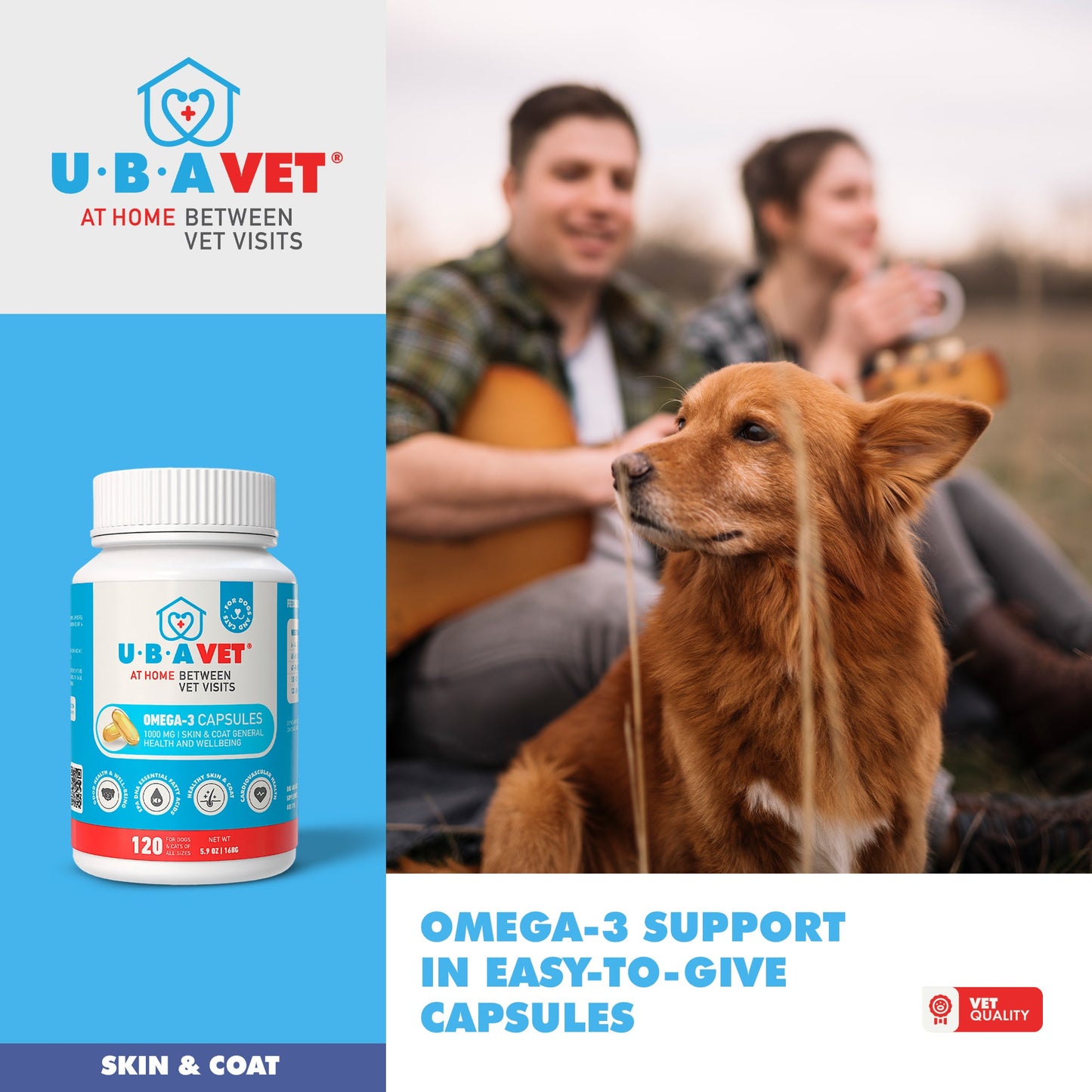 Capsules UBAVET Oméga-3 1000 mg – Soutien de la peau, du pelage et de la santé générale des chiens et des chats (120 capsules)