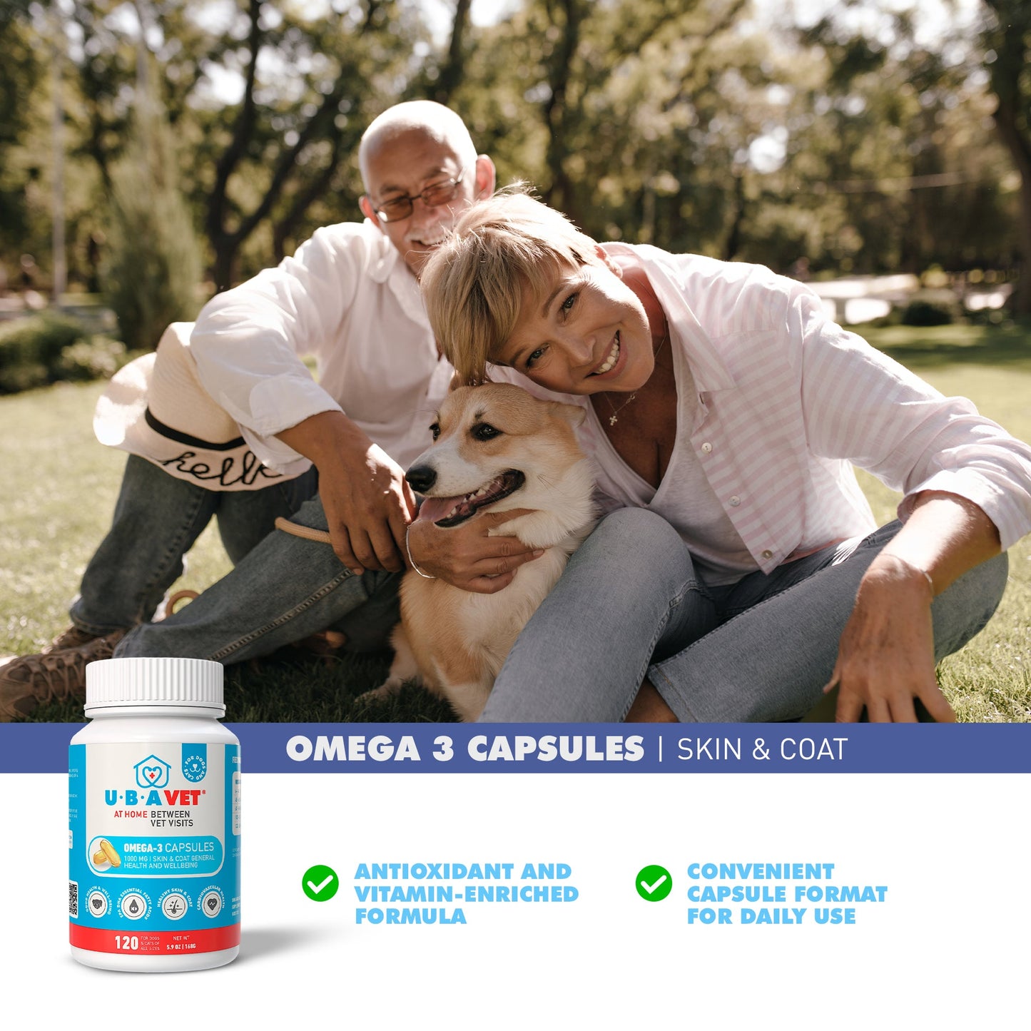 Capsules UBAVET Oméga-3 1000 mg – Soutien de la peau, du pelage et de la santé générale des chiens et des chats (120 capsules)