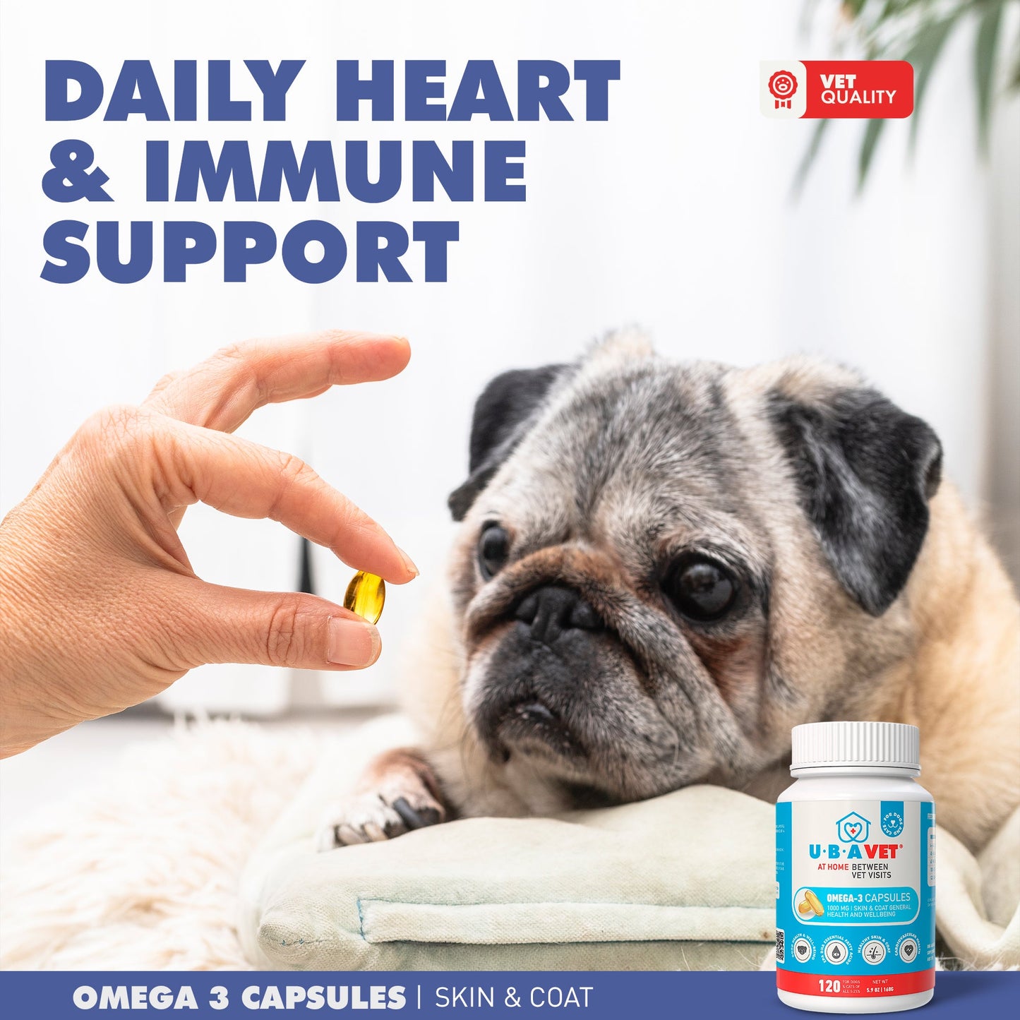 Capsules UBAVET Oméga-3 1000 mg – Soutien de la peau, du pelage et de la santé générale des chiens et des chats (120 capsules)