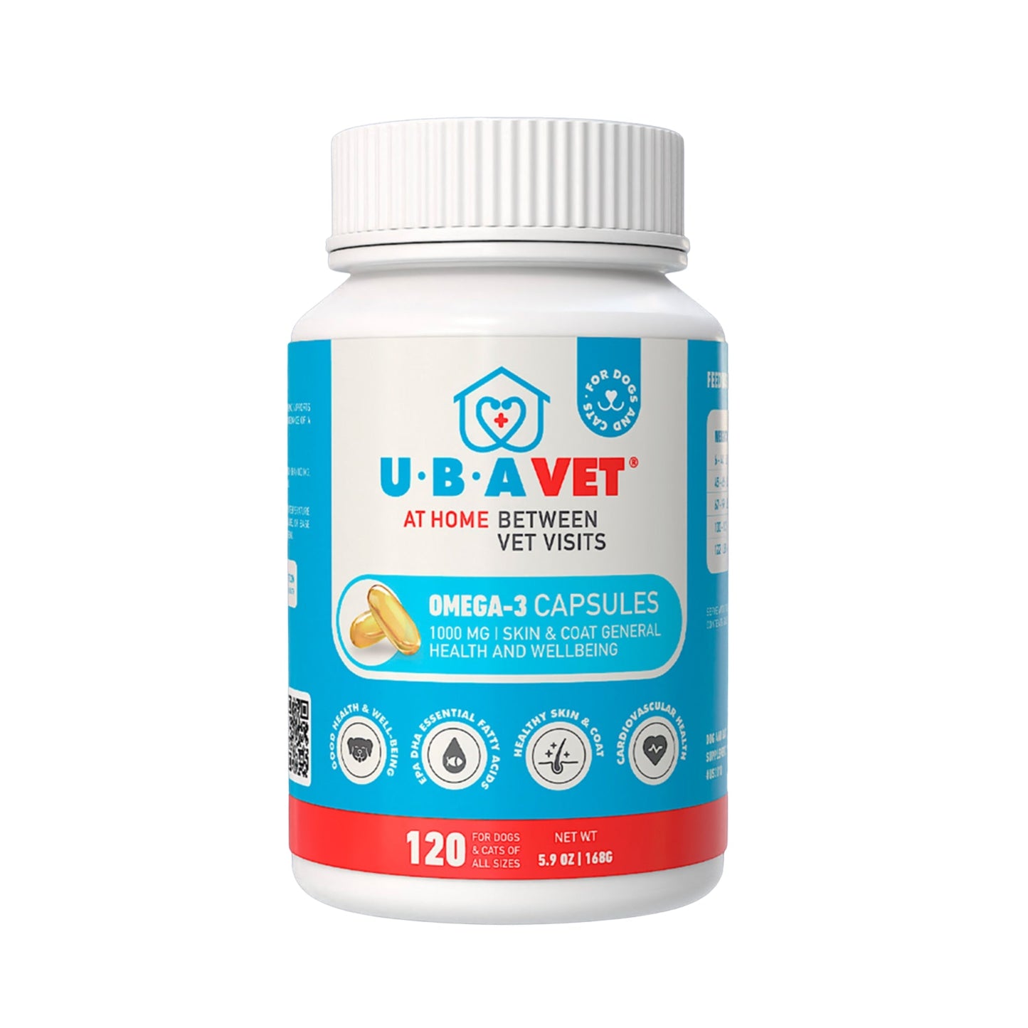 Capsules UBAVET Oméga-3 1000 mg – Soutien de la peau, du pelage et de la santé générale des chiens et des chats (120 capsules)