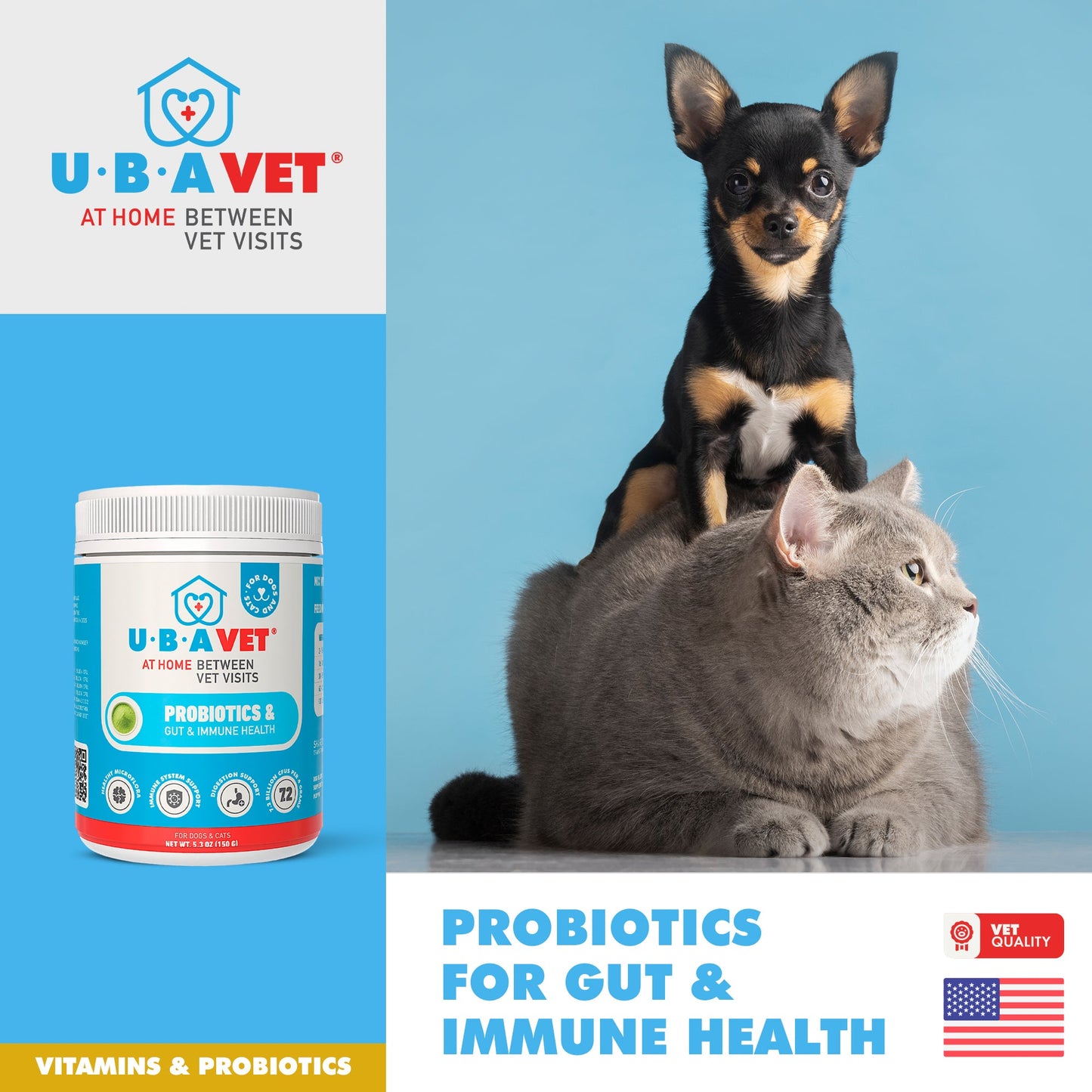 UBAVET Probiotiques et soutien de la santé intestinale et immunitaire pour chiens et chats – 150 g (5,3 oz) en poudre