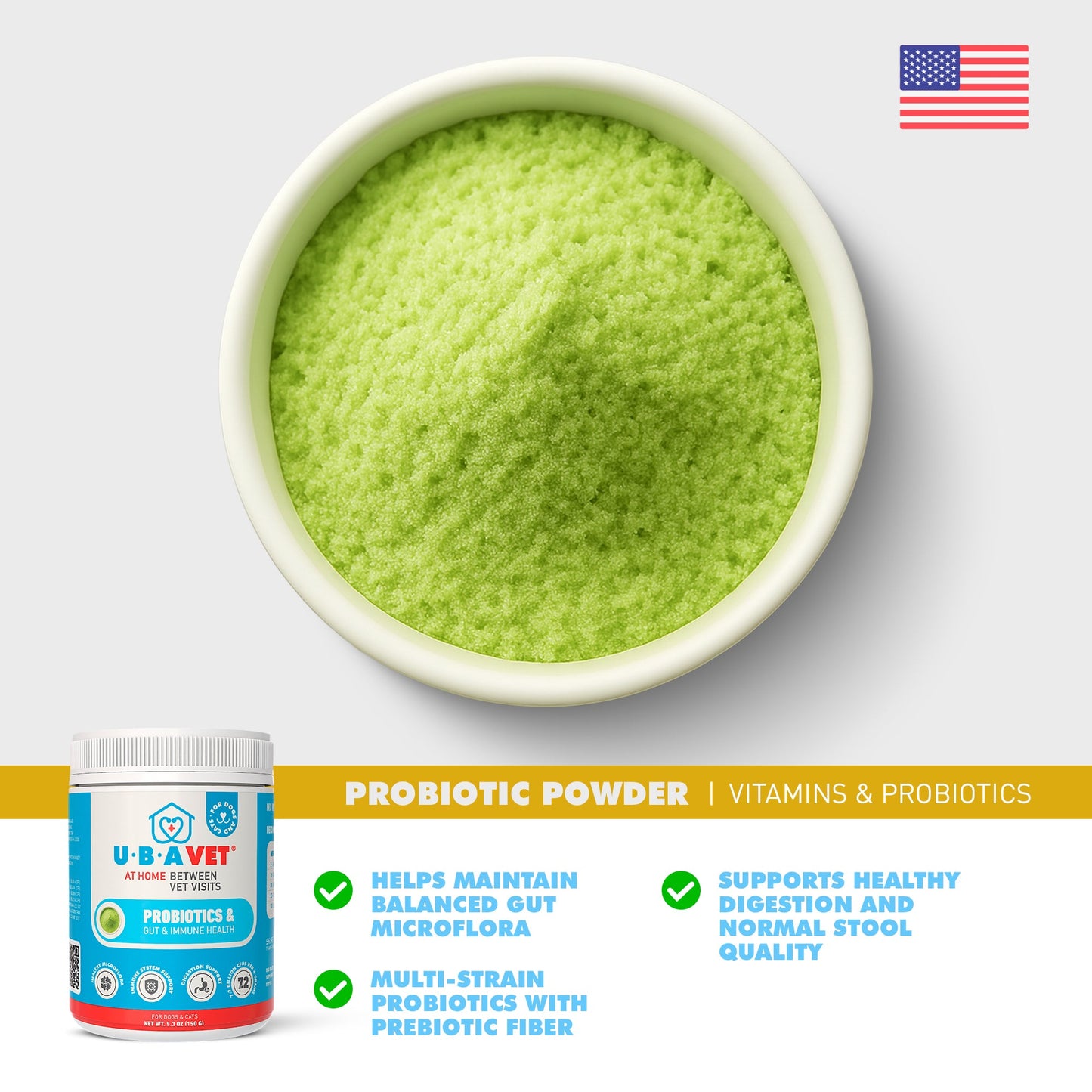 UBAVET Probiotiques et soutien de la santé intestinale et immunitaire pour chiens et chats – 150 g (5,3 oz) en poudre