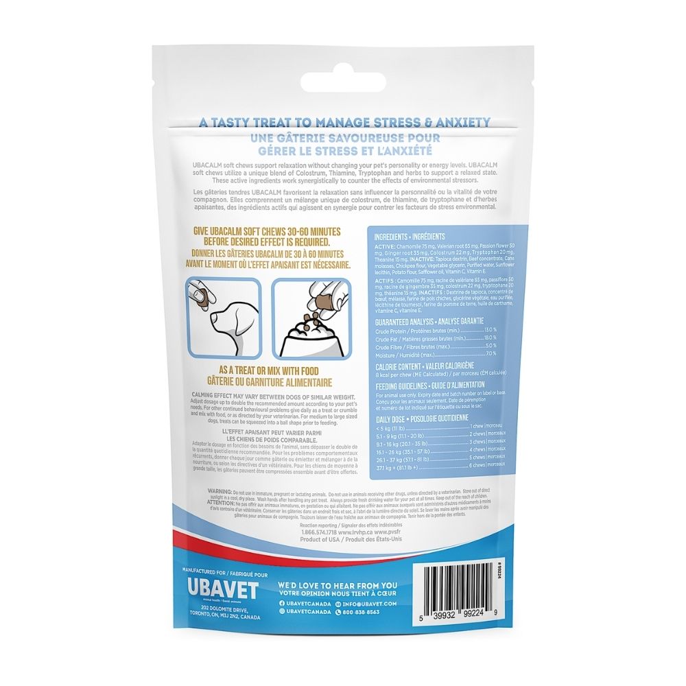 UBAVET UBACALM Friandises apaisantes à mâcher pour chiens et chats – Soulagement naturel du stress et de l'anxiété