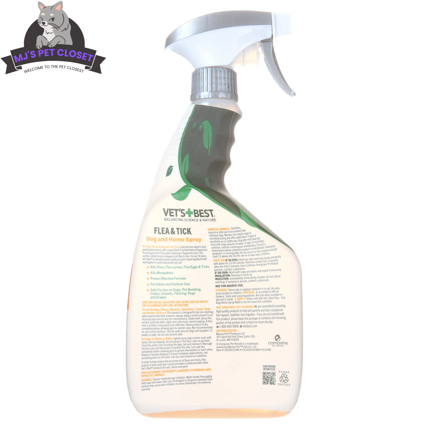 Spray casero Vet's Best contra pulgas y garrapatas para perros - Aroma refrescante a menta - 944 ml de potente protección