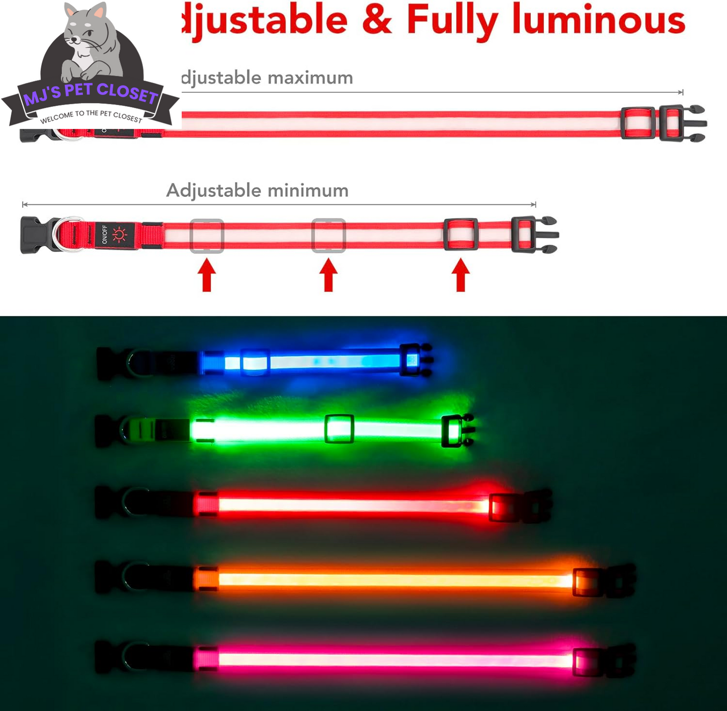 ¡Alegra los paseos nocturnos de tu cachorro con nuestro collar LED ajustable! 🌟 ¡Recargable por USB y súper seguro! 🐾❤️